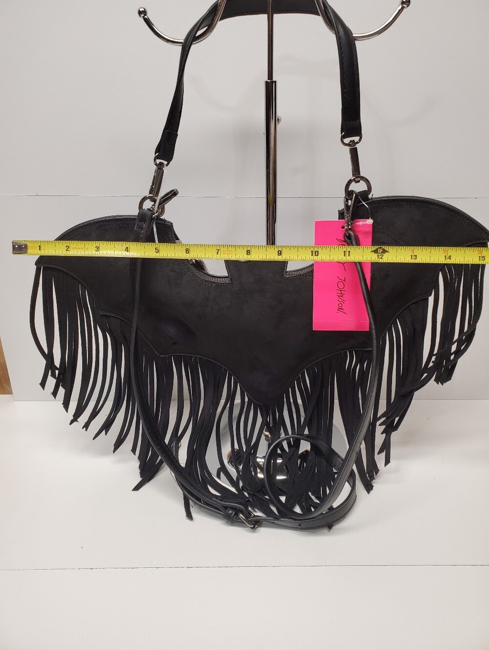Betsey Johnson Faux Suede Fringe Bat-Shaped Crossbody Bag Zip W Detachabke Strap - Picture 3 of 6